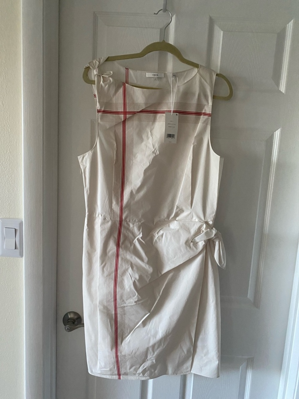 Vince Cream Midi Dress with Red Stripe Accents